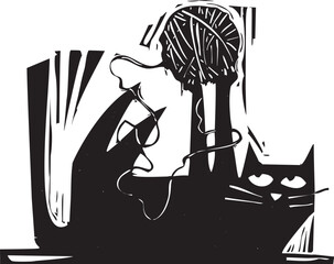 Woodcut style cat playing with a ball of yarn © xunantunich