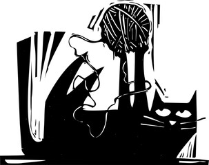 Woodcut style cat playing with a ball of yarn © xunantunich