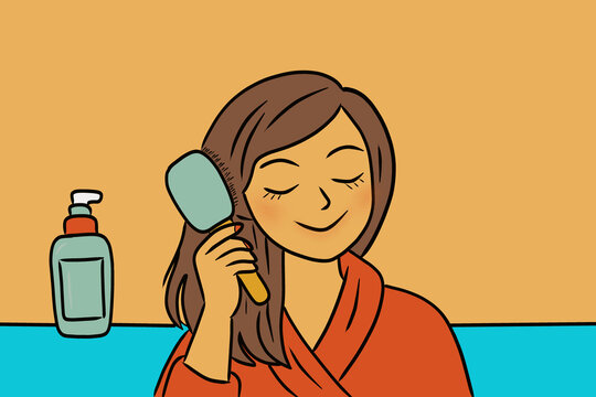 Woman brushing hair as part of daily routine illustration