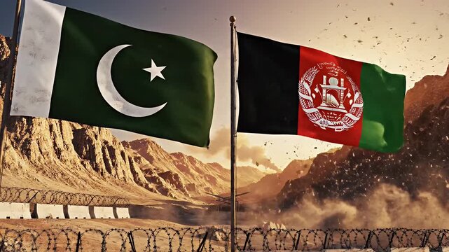 Tense Border Conflict Flags - This video shows the Pakistan and Afghanistan flags flying next to each other over a tense, conflict-ridden border zone.