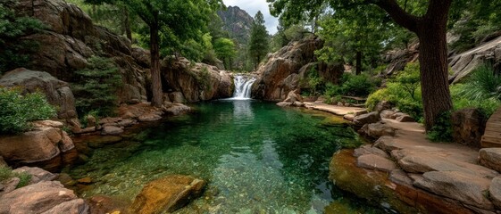 Fototapeta premium A tranquil waterfall cascading into a crystal-clear pool surrounded by rocks.