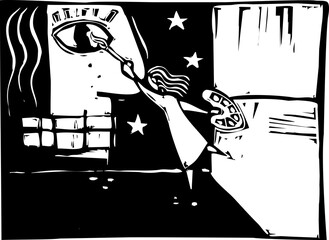 Woodcut style image of woman painting a mural © xunantunich