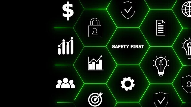 Safety first and work safety concept. Safety at workplace, safety first, protections, health, regulations and group insurance.Working standard process.Zero accidents.Operational excellence concept.4k