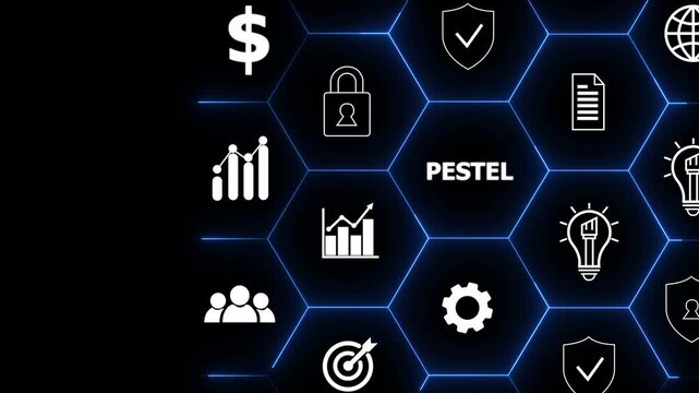 PESTEL analysis concept. Framework to assess political, economic, social, technological, environmental,and legal factors.Strategic planning process for develop innovative product,market initiatives.4k