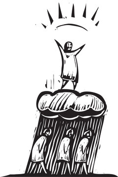 Woodcut style image of a person who stands above the gloom of the clouds with boundless optimism 