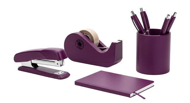 A set of purple office supplies on a including a stapler and notebook