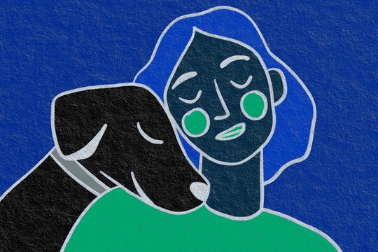 Woman and dog in serene artistic embrace