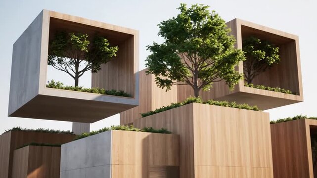 Modern architectural structure featuring wooden cubicles with trees in a serene environment from a low-angle viewpoint
