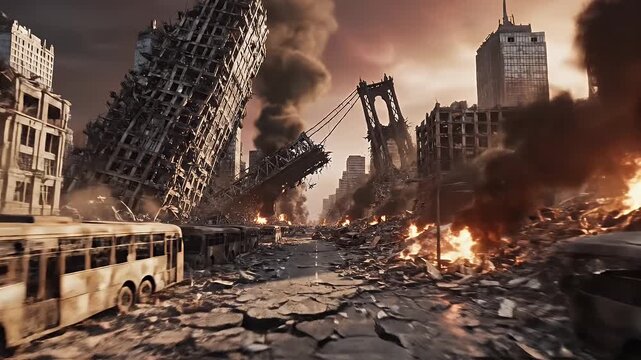 Post-Apocalyptic City Ruins - A city is shown in complete ruin after a cataclysmic event, with collapsed buildings, rubble-strewn streets, burning debris, and abandoned buses in the aftermath of