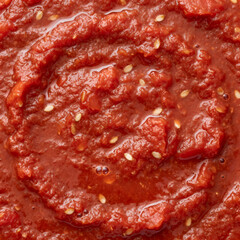 Obraz premium Macro close up of thick chunky red tomato sauce with visible seeds and glossy wet surface