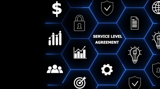 glowing neon Service Level Agreement (SLA), business concept. Service performance tracking to reduce the uncertainty the customer in process.Businessman glowing on SLA with smart screen background.4k