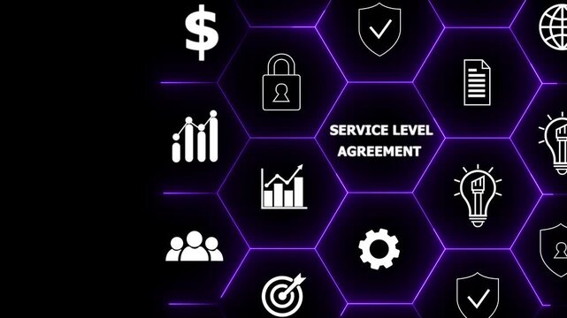 glowing neon Service Level Agreement (SLA), business concept. Service performance tracking to reduce the uncertainty the customer in process.Businessman glowing on SLA with smart screen background.4k