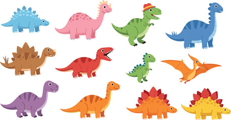 Cute Cartoon Dinosaur Collection with Colorful Prehistoric Animals Including Stegosaurus, T Rex, Brachiosaurus, and Pterodactyl for Kids Education Vector Illustration Set © Rownok