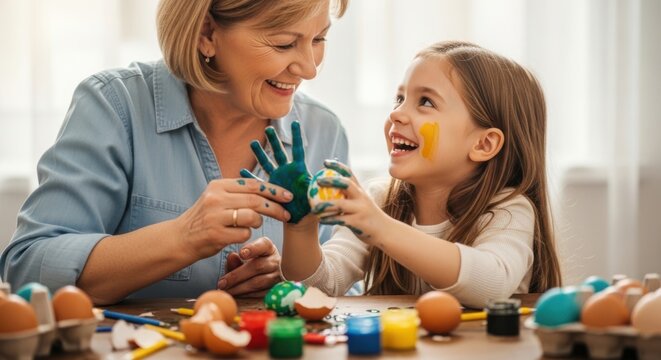 A heartwarming moment of a mother and daughter decorating easter eggs together with vibrant colors and creative strokes.