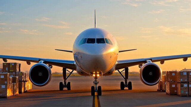 Commercial airplane on tarmac at sunset