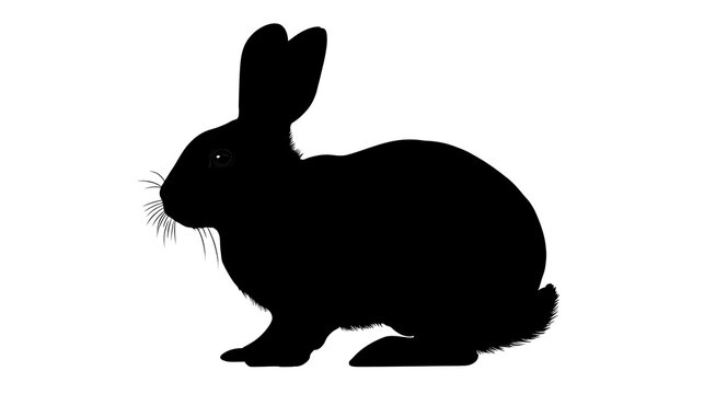 A sleek, silhouette of a rabbit in black against an isolated backdrop. The rabbit appears in profile, emphasizing its shape