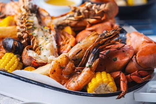 Gourmet seafood platter on rustic table
