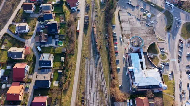Aerial view train passing through town