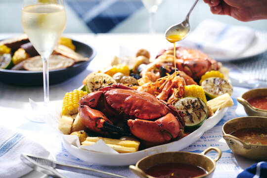 Gourmet seafood platter with crab and prawns