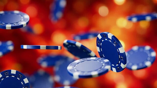 Blue poker chips in motion