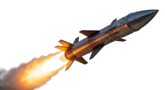 High-speed rocket flying upwards with fiery propulsion isolated on transparent background