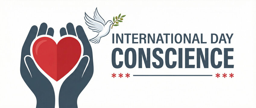 Hands holding red heart with dove for International Day of Conscience