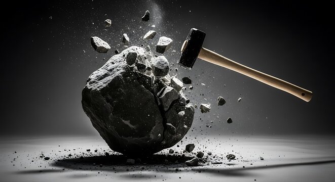 A hammer strikes a rock, shattering it into pieces, with a dark, dynamic background