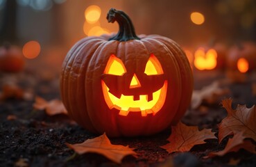 Fototapeta premium Carved pumpkin lantern glows with light on forest floor surrounded by autumn leaves. Jack o lantern sits outside at night. Spooky Halloween decoration.