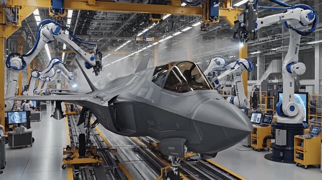 F-35 Fighter Jet Production Factory - A partially-assembled F-35 fighter jet is undergoing manufacturing at a military factory.
