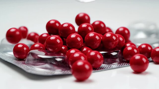 Red Coated Pills Falling onto Blister Pack - This video shows red sugar-coated tablets or pills falling onto a blister pack.