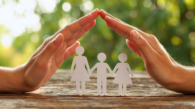 Hands sheltering paper family figures