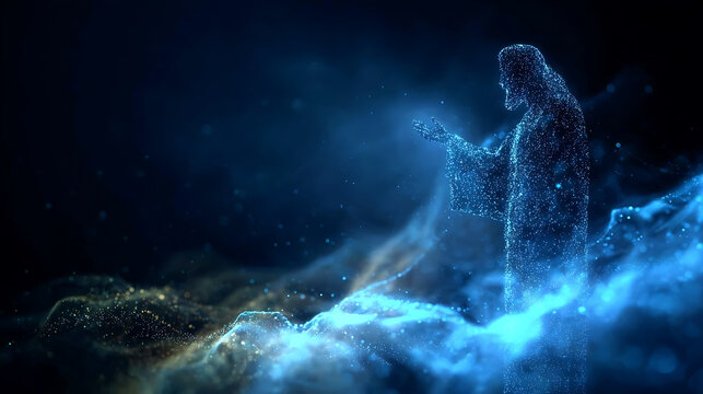 A digital depiction of a spiritual figure emanating ethereal energy in a celestial realm. The image shows the figure surrounded by cosmic dust.