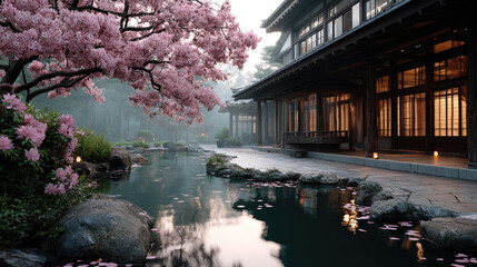 Fototapeta premium Traditional Japanese garden temple building with a reflecting pond and vibrant sakura cherry blossoms in full bloom during a serene Showa Day in Japan