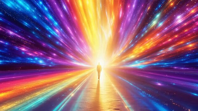 Person walking on a colorful cosmic path