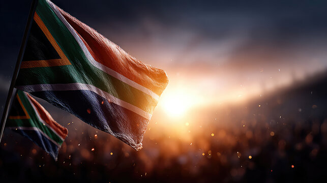 South African flag waving proudly with vibrancy against an epic sunset, representing national pride, hope, freedom, and the diverse heritage of Africa