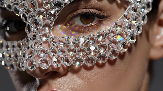 Woman wearing sparkling crystal mask over eyes. Close-up of face revealing gaze through rhinestone veil. Glamorous beauty and mystery fashion concept.