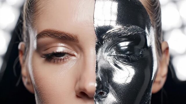 Womans face transforming into metallic silver coating. Progression from skin to liquid metal mask. Futuristic beauty and transformation concept.