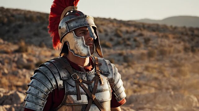 Roman Soldier in Full Armor - A Roman soldier in full armor stands on rocky ground. He is wearing a metal helmet with a red plume and looking towards the horizon.