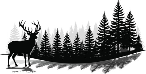Deer forest silhouette illustration, wildlife nature artwork, antler animal vector drawing, coniferous tree shadow design concept © Dilip