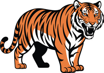 Obraz premium Tiger cartoon vector illustration on white background with stripes and wildlife elements