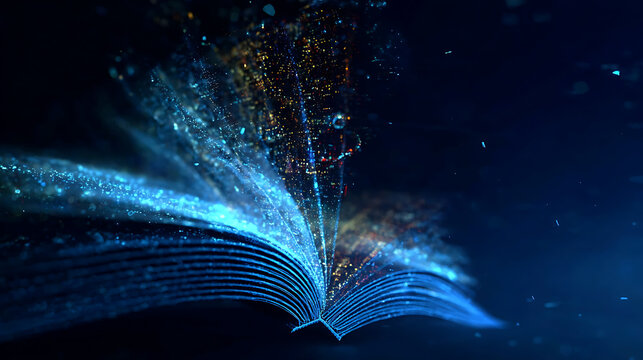 An abstract rendering of an open book with glowing, energetic particles emanating from its pages