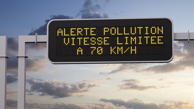 panneau d'autoroute avec le message ALERTE POLLUTION - rendu 3D