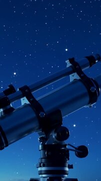 Vertical video: Camera moving, showing scope on mount under stars with finder focus knobs for stars