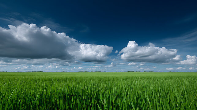 A vast expanse of verdant green grass stretches out towards the horizon under a cerulean sky filled with fluffy cumulus clouds
