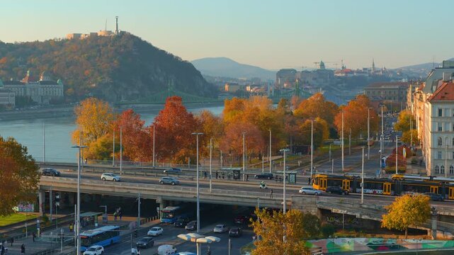 Panoramic view of Budapest and Danube River, city architecture, bridges and road traffic