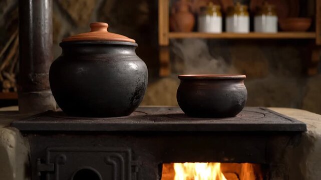 Pots on a traditional cast iron stove with a burning fire in a rustic kitchen setting viewed from the front