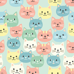 A vibrant illustration of cartoon cats in various pastel colors arranged in a seamless pattern