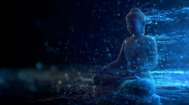 Serene Buddha statue with an ethereal aura of water droplets. The statue sits in a meditative pose.