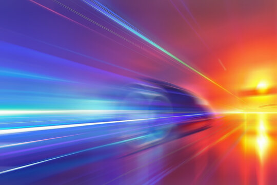 Vibrant multi-color light trails showing fast motion and futuristic velocity at sunset