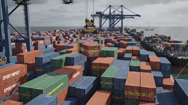 Shipping Container Global Trade - A container ship is being loaded with cargo shipping containers labeled for export and import. The containers are also wrapped with yellow tariffs tape.